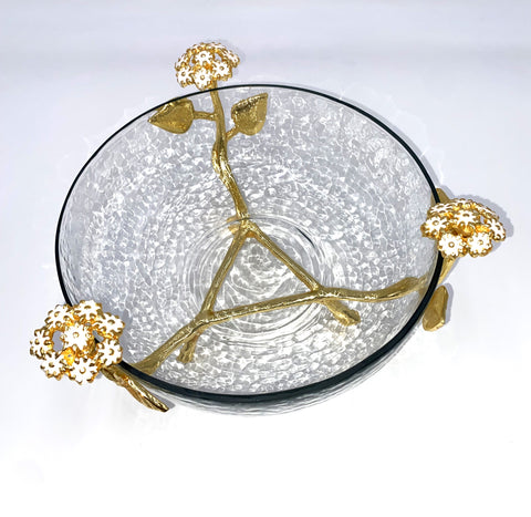 8.5"x5" GLASS FOOTED BOWL-GOLD/WHITE