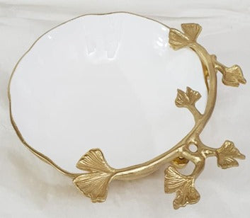 13.25"x11"x3.5" ROUND BOLW-GOLD/WHITE-LEAF