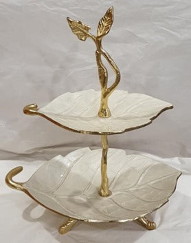 2 TIER LEAF PLATE-GOLD/CREAM