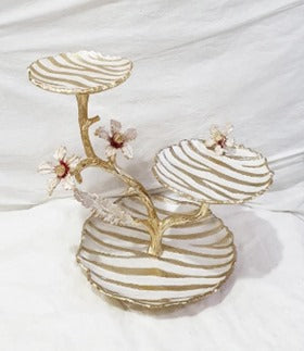 14"x10.25"x1.25"  3 TIER STAND-WHITE/GOLD-FLOWER